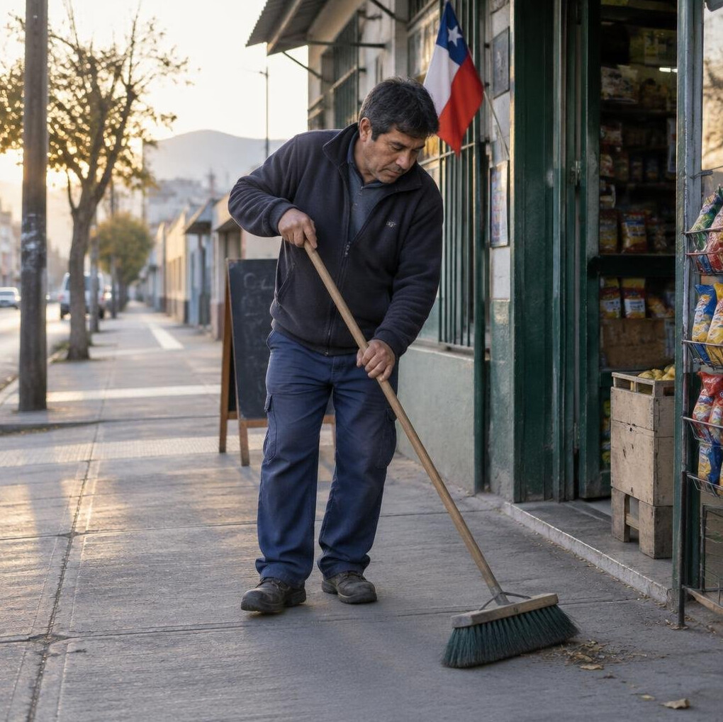 Man sweeping the sidewalk early in the morning