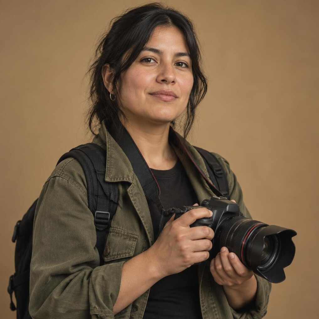 Portrait of a Chilean woman photographer holding a camera