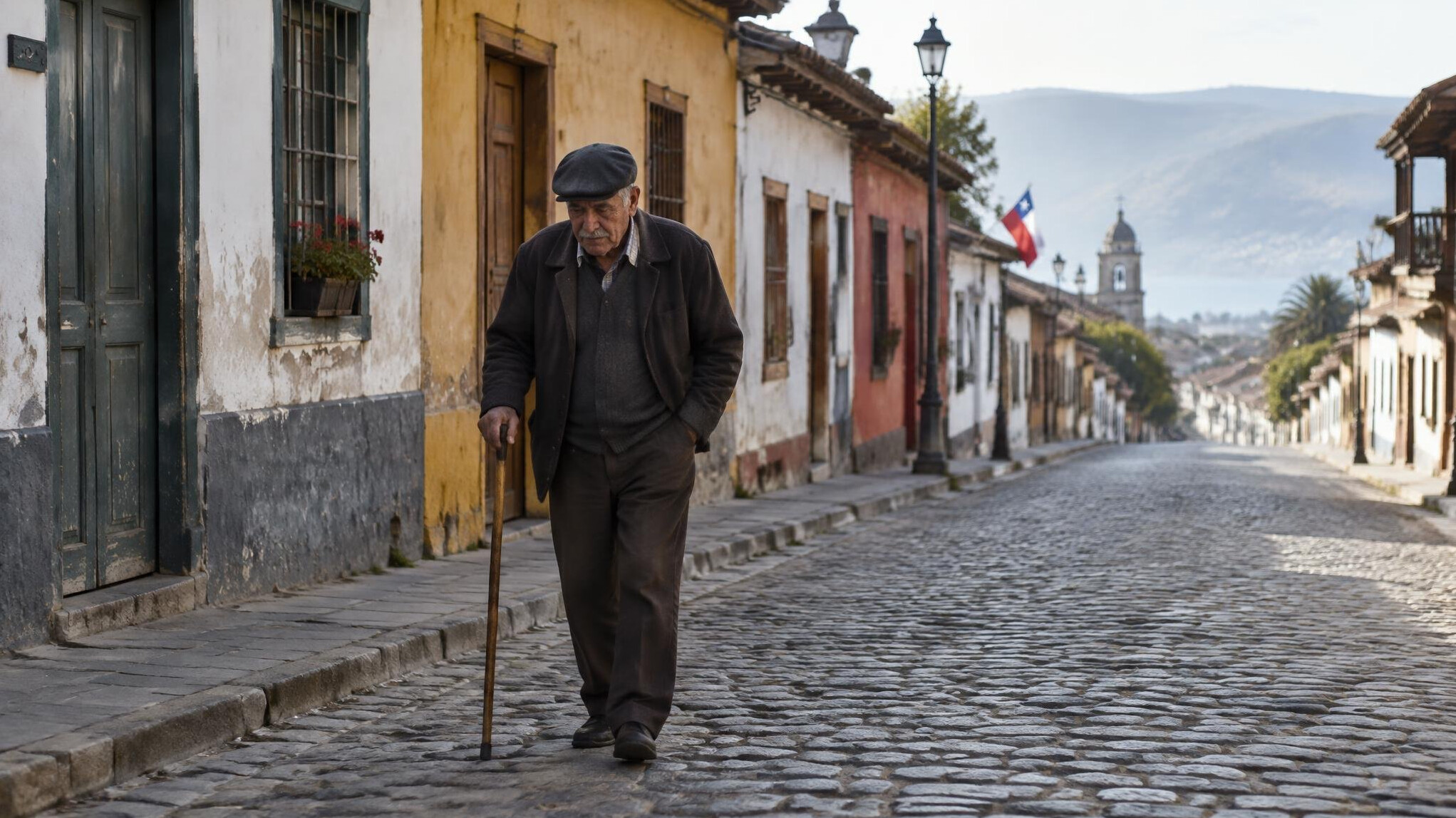 Old man walking down a cobblestone street in a Chilean town